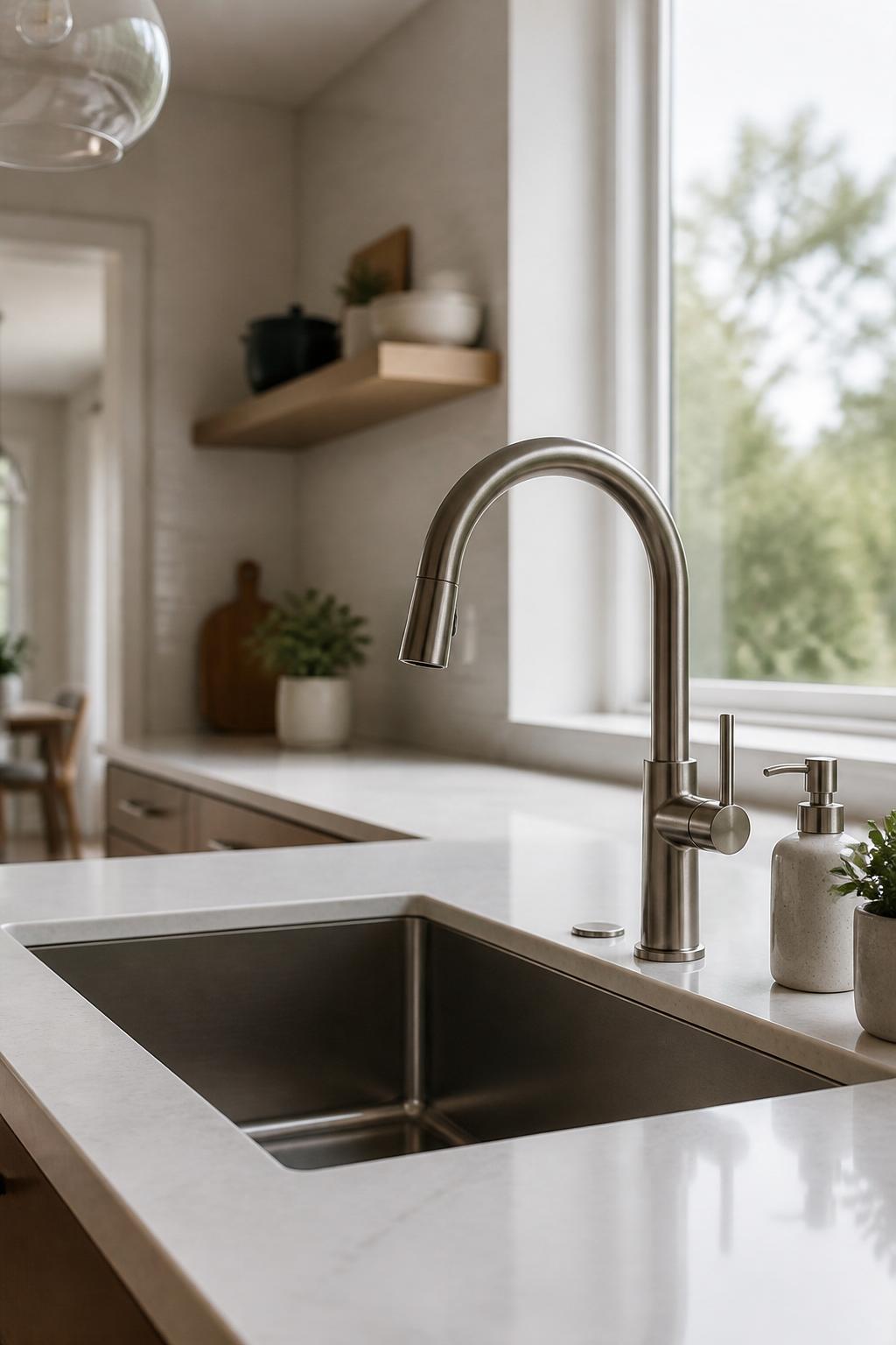 Modern kitchen sink with a newly installed faucet.
