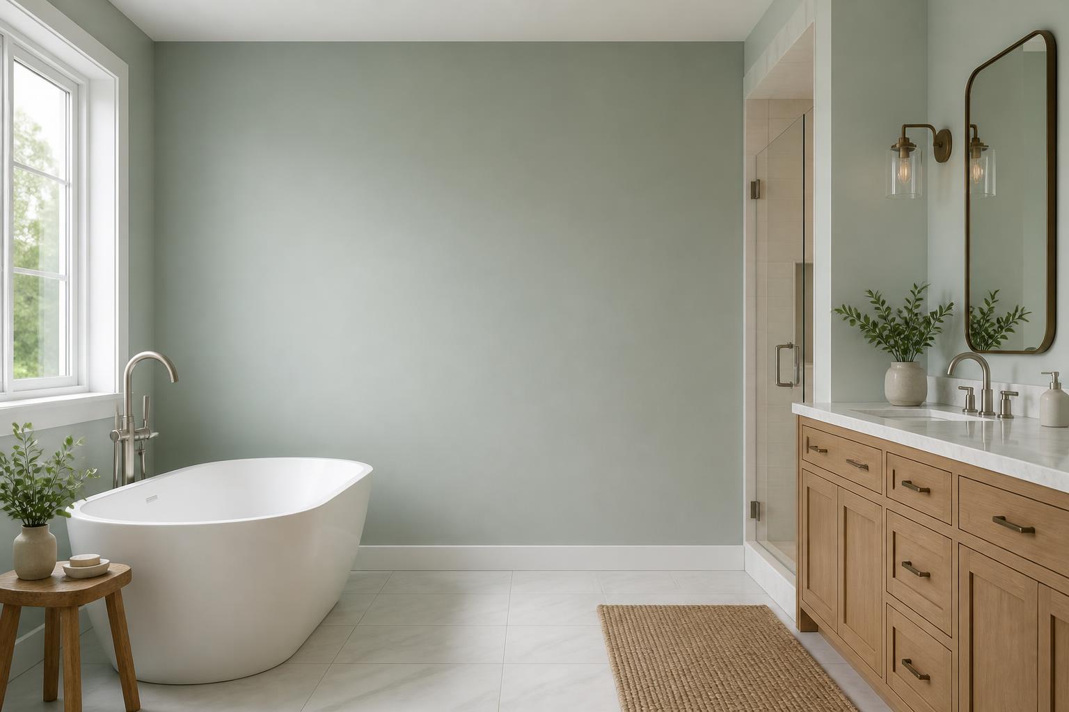 Finished bathroom with polished fixtures and open space.