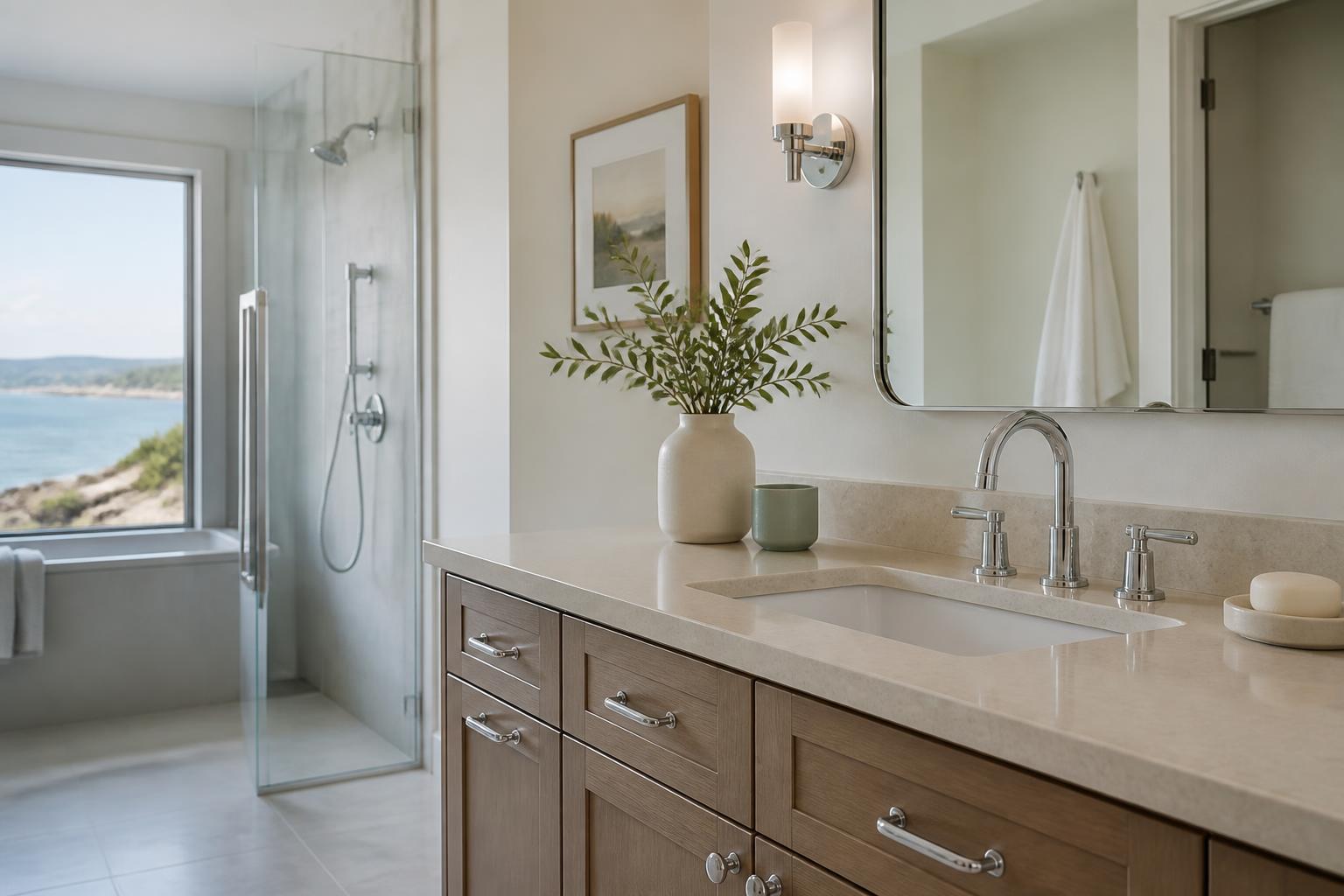 Modern bathroom with clean vanity and polished chrome fixtures.